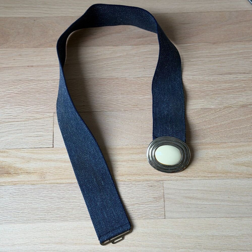 Vintage Navy Blue Elastic Stretch Belt Oval Cream Silver Buckle